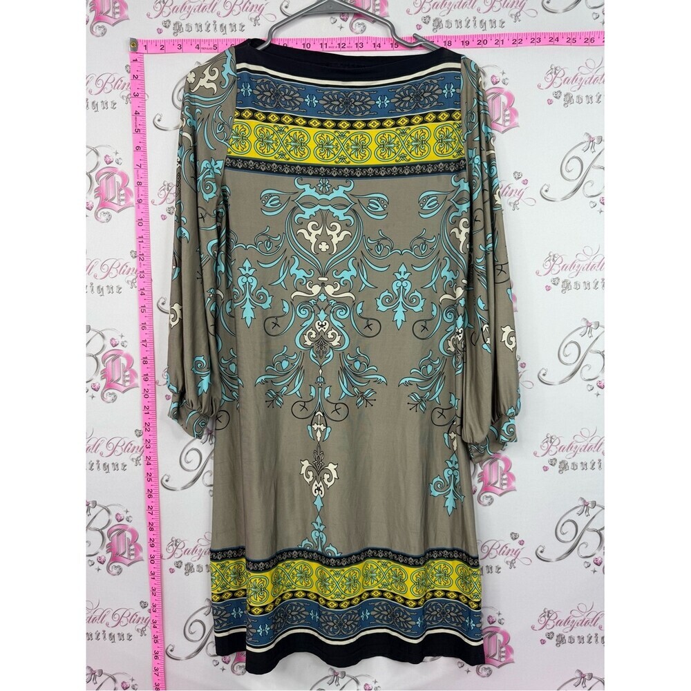 Analili dress Taupe Mini Dress with Teal and Yellow Print